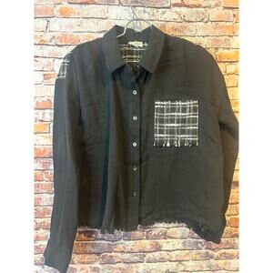 Hem and thread gauze button up black white long sleeve top women's small NEW